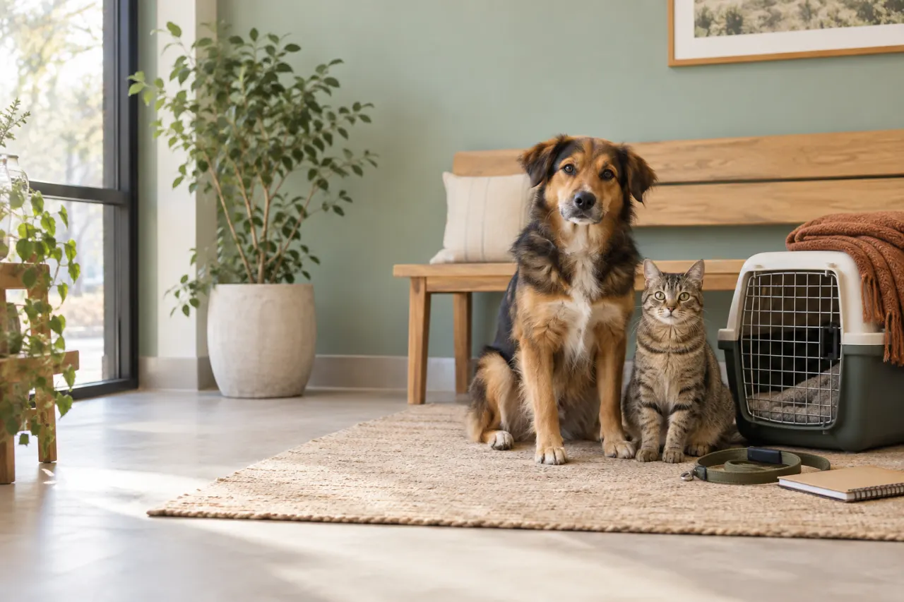 A calm dog and cat beside a pet carrier in a quiet waiting area